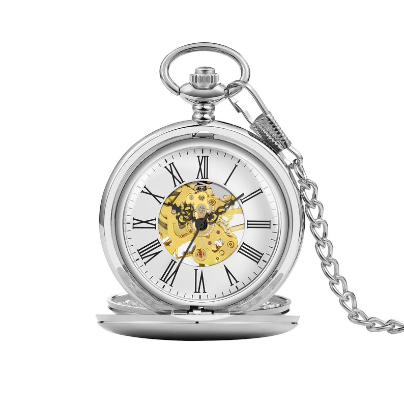 Reloj de bolsillo de doble cazador personalizado para hombres, regalo de reloj de bolsillo mecánico de bolsillo vintage de oro de acero inoxidable, regalo de reloj de bolsillo retro imagen 5