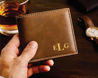 Personalisierte Leder Bifold Brieftasche, individuell gravierte schlanke minimalistische, vegane Leder Geschenk
