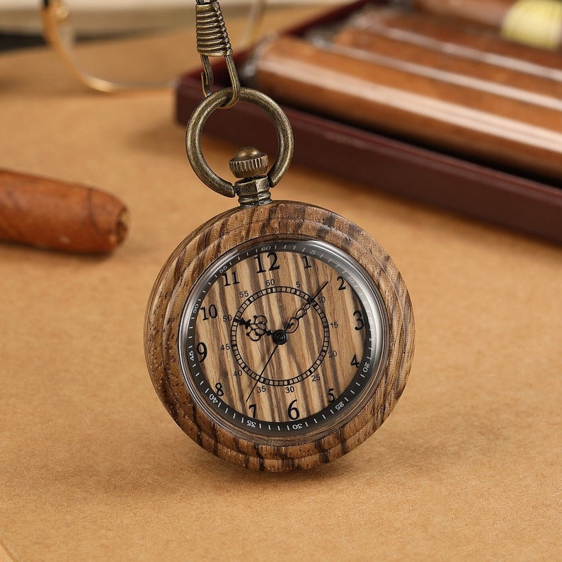 PERSONALIZED Five Year Wood Anniversary gift for Husband, Men's Wood Pocket Watch for Men, Groomsmen Pocket Watch Gift Custom Wood Pocket Zebrawood
