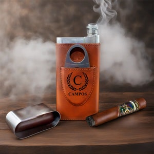 Personalized Cigar Case with Cutter and Built in Flask- Groomsmen Gifts, Cigar Travel Case, Gift for Him