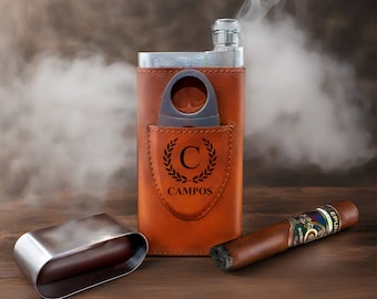 Personalized Cigar Case with Cutter and Built in Flask- Groomsmen Gifts, Cigar Travel Case, Gift for Him