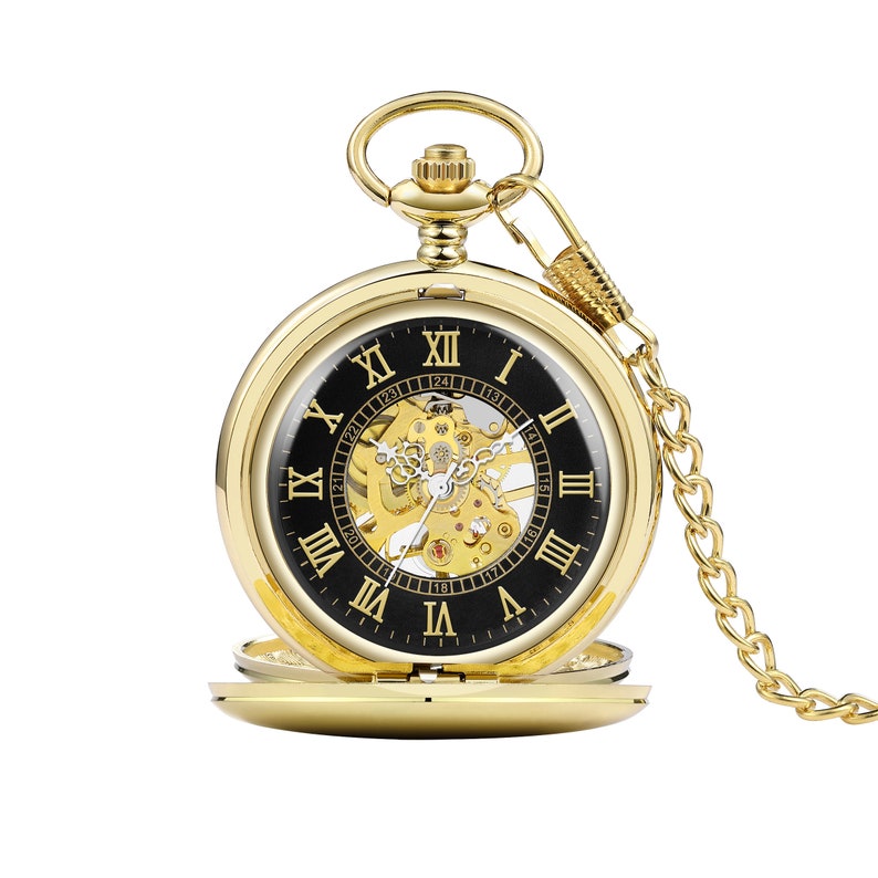 Reloj de bolsillo de doble cazador personalizado para hombres, regalo de reloj de bolsillo mecánico de bolsillo vintage de oro de acero inoxidable, regalo de reloj de bolsillo retro imagen 7