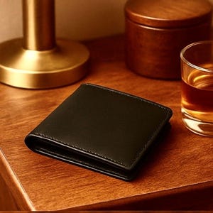 Black leather bifold wallet resting on a warm wooden nightstand beside a brass lamp, a wooden container, and a glass of whiskey, creating an elegant, masculine, gift-ready presentation.