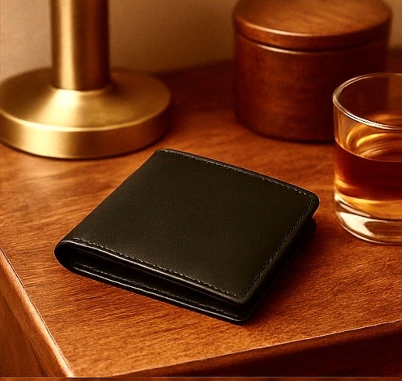 Black leather bifold wallet resting on a warm wooden nightstand beside a brass lamp, a wooden container, and a glass of whiskey, creating an elegant, masculine, gift-ready presentation.
