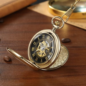 Reloj de bolsillo de doble cazador personalizado para hombres, regalo de reloj de bolsillo mecánico de bolsillo vintage de oro de acero inoxidable, regalo de reloj de bolsillo retro imagen 1