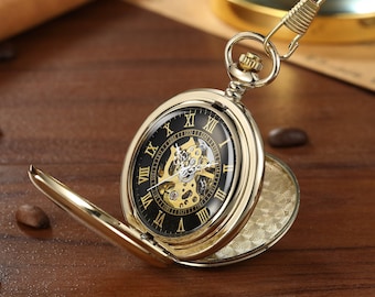 Orologio da taschino doppio cacciatore PERSONALIZZATO da uomo, orologio da taschino meccanico vintage in acciaio inossidabile dorato, regalo per orologio da taschino retrò