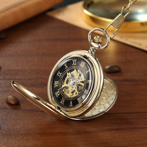 PERSONALISIERTE Double Hunter Taschenuhr für Männer, Edelstahl Gold Vintage Tasche Mechanische Taschenuhr Geschenk, Retro Taschenuhr Geschenk