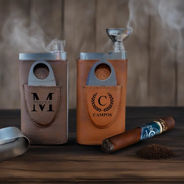 Personalized Cigar Case with Cutter - Groomsmen Gifts, Cigar Travel Case, Gift for Him, Cigar Case with Flask