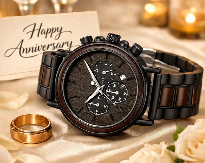 Engraved Wood Watch, Black Stainless Steel Band, Personalized Gift