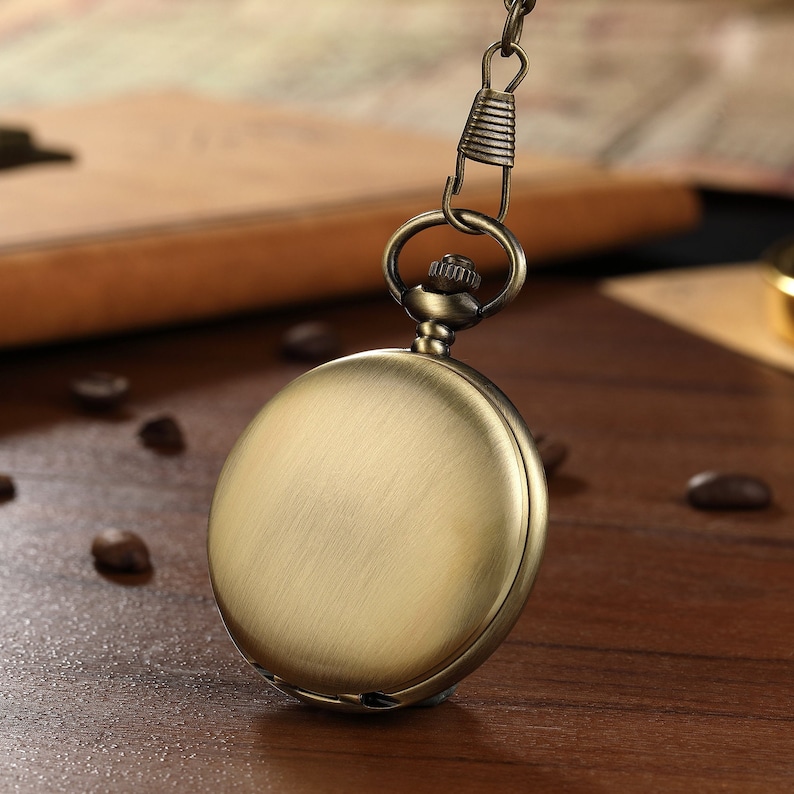 Reloj de bolsillo de doble cazador personalizado para hombres, regalo de reloj de bolsillo mecánico de bolsillo vintage de oro de acero inoxidable, regalo de reloj de bolsillo retro imagen 9