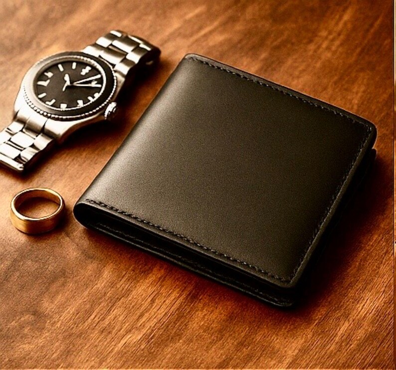 Black leather bifold wallet on a warm wooden surface with a silver wristwatch and gold ring nearby, creating a classy, masculine, gift-ready presentation.
