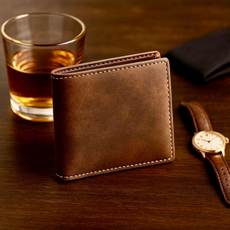 Brown leather bifold wallet displayed on a dark wooden surface with a glass of whiskey and a brown-band wristwatch in the background, creating a warm, classy, masculine aesthetic.