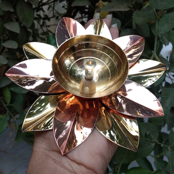 Hijet Brass and Copper Lotus Decorative Oil Lamp Table Diya for Pooja for Diwali Festivals For Openning for Home Decor God Prayer Pooja