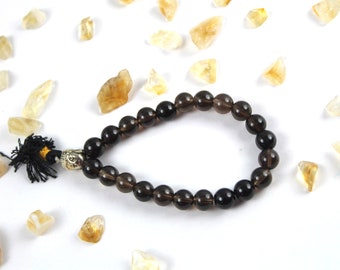 Hijet Smokey Quartz Buddha Head Stretch Bracelet 8" Inch Long Positive Energy,Crystal Healing,Gift Idea