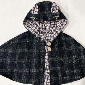 Ready to ship Wool cat ear cap with hood, size 1-3years navy and purple plaid wool, kids wool cape, wool cloak, winter cloak