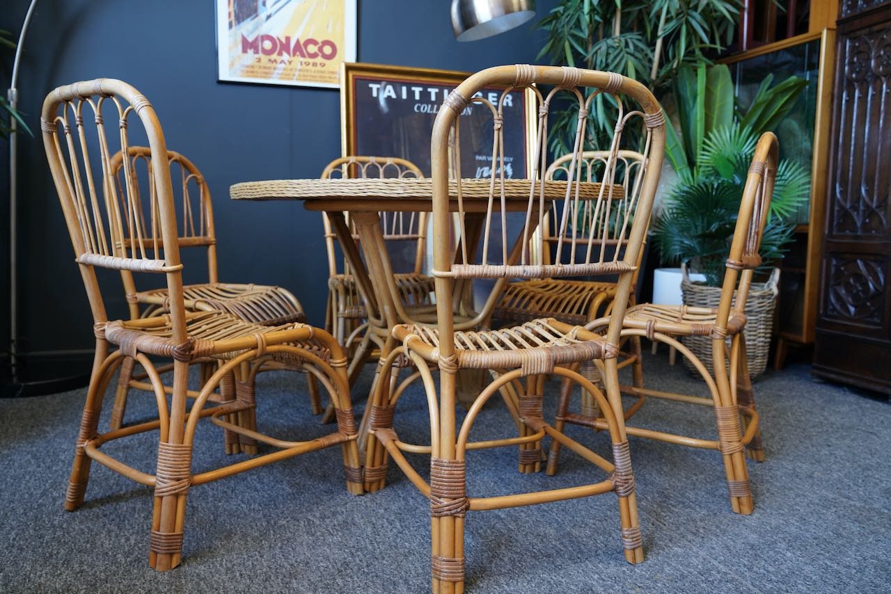 Mid Century Bamboo / Wicker Dining Table & 6 'peacock' Style Chairs