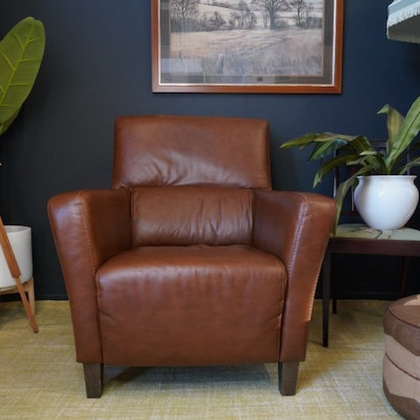 Mid Century Vintage Real Conker Brown Leather Armchair Seating