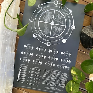 May include: A dark gray poster with a circular design featuring botanical illustrations representing the seasons. The poster includes moon phase calendars, astrological signs, and daily correspondences. The text "2026" is visible.