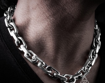Mens Chain Link Necklace - 15mm Wide - Super Heavy Sterling Silver. Unique Design