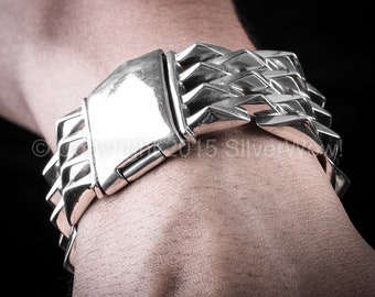 メンズ バングル シルバースクロール ヘビーフ ピンク 男性用 Mens Heavy SPIKE Bracelet. Unique, Unusual Wide Design - 925