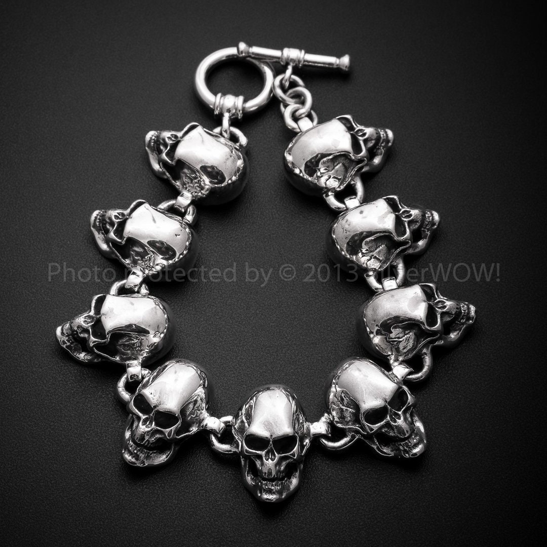 Heavy Skull Bracelet 925 Silver Chunky Mens Bracelet Large Design
