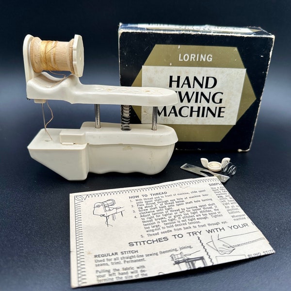 Vintage Loring Hand Sewing Machine in Original Box with Directions Made and printed in Hong Kong for Bandwagon Inc. Boston, MA
