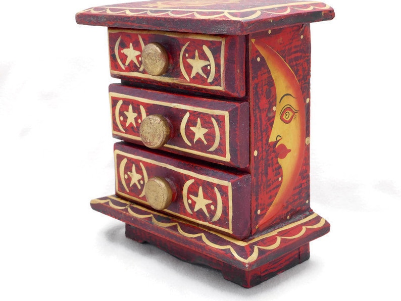6 34 Inches by 4 12 Inches Cute Artsy Boho Memento Box Red Black and Gold Vintage Wood Jewelry Box Chest w Painted Sun Stars /& Moon