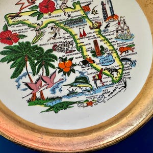 Pode incluir: Um prato decorativo com borda dourada e centro branco com um mapa colorido da Fl&oacute;rida. O mapa inclui ilustra&ccedil;&otilde;es de palmeiras, flamingos e v&aacute;rios marcos e cidades da Fl&oacute;rida.