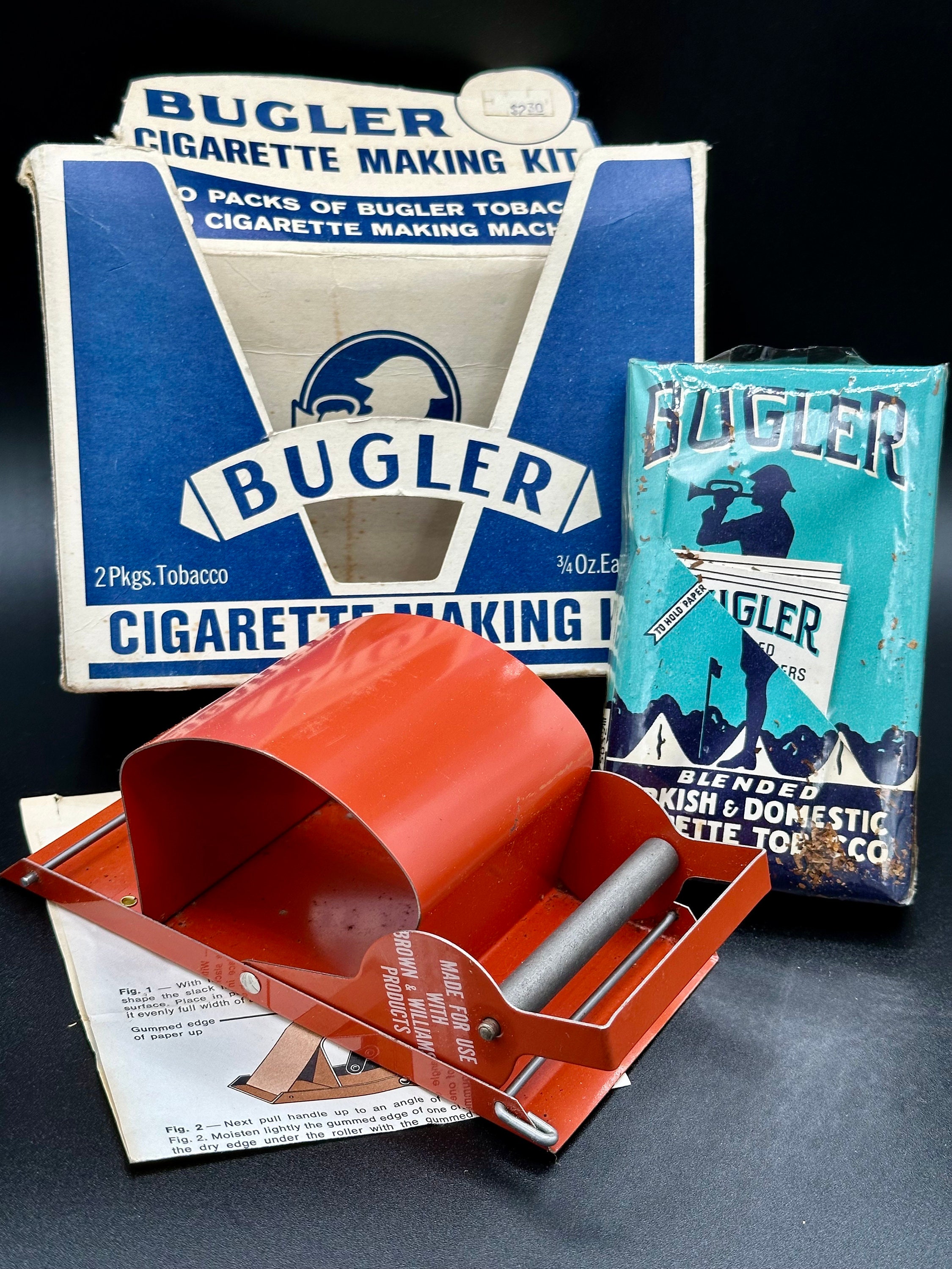 cigarette making kit Vintage Bugler Cigarette Making Kit Original Box Directions and 2 Pkgs  Never Opened Bugler Blended Turkish & Domestic Cigarette Tobacco