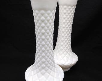 White Milk Glass Vintage Vases Mint Condition, Collectible Vintage Vases, Quilted Pattern Milk Glass Vases, Set of 2