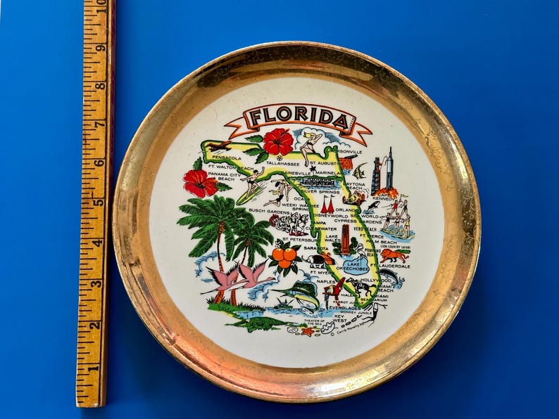 Pode incluir: Um prato decorativo com um mapa da Fl&oacute;rida com acabamento dourado. O prato inclui ilustra&ccedil;&otilde;es de marcos, flora e fauna, com a palavra "FLORIDA" em uma faixa no topo. O prato tem aproximadamente 15 cm de di&acirc;metro.