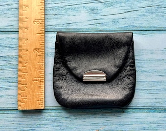 Vintage Black Leather Coin Purse - Snap Closure Small Pouch