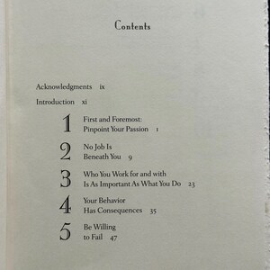 May include: Open book page with the title "Contents" at the top. The table of contents lists chapter titles and page numbers, including "Pinpoint Your Passion" and "Be Willing to Fail."