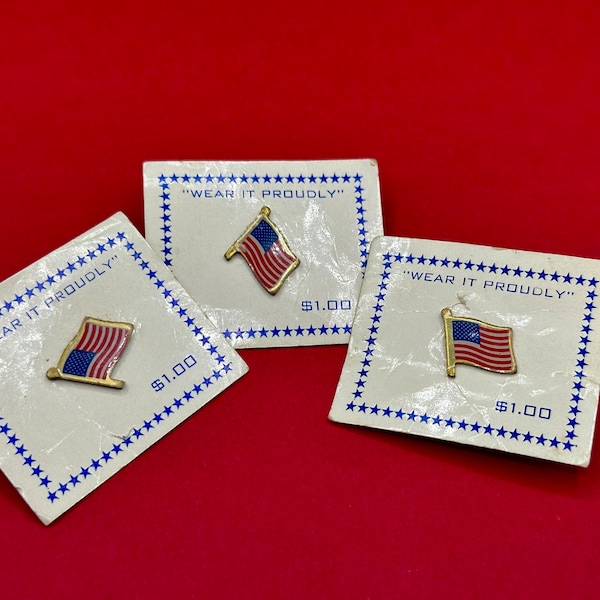 Tiny American Flag Vintage Tack Pins Tie Tack Gold Tone Hat Lapel Pin 1950s 1960s Americana USA Patriot Flag Stars & Stripes USA Set of 3