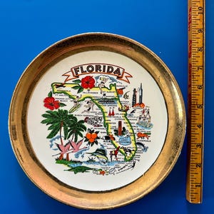 Pode incluir: Um prato decorativo com uma borda dourada com um mapa colorido da Fl&oacute;rida. O mapa inclui nomes de cidades, pontos de refer&ecirc;ncia e ilustra&ccedil;&otilde;es de palmeiras e flores. O prato tem aproximadamente 15 cm de di&acirc;metro.