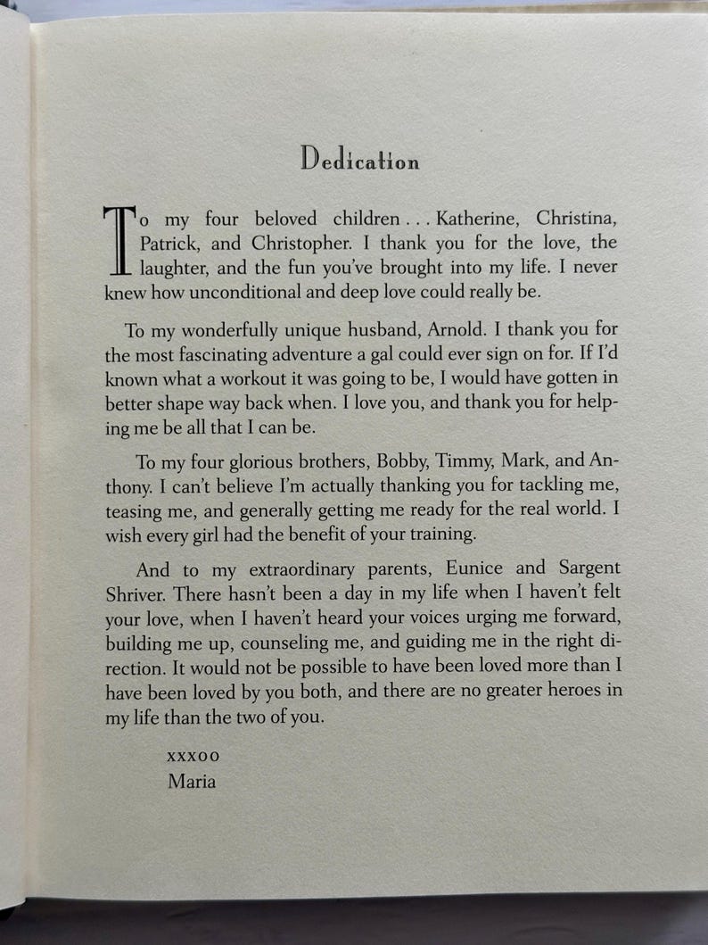 May include: Open book page with the title "Dedication" at the top. The text is a personal message of gratitude to family members, including children, a husband, and parents. The author's name, Maria, is at the bottom.