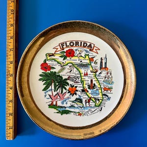 Pode incluir: Um prato de lembran&ccedil;a vintage com um mapa da Fl&oacute;rida e borda dourada. O prato exibe uma ilustra&ccedil;&atilde;o colorida do estado, incluindo cidades, pontos tur&iacute;sticos e flora. O prato tem aproximadamente 15 cm de di&acirc;metro.