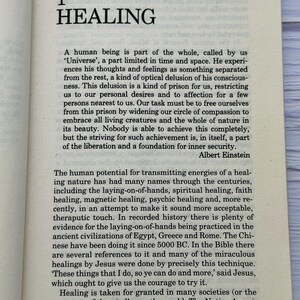 May include: Open book page with the title "HEALING" at the top. The text discusses the concept of healing, referencing historical practices and the words of Albert Einstein and Jesus. The page is from a book.
