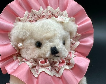 Vintage Mini Cream Teddy Bear: 6" Plush with Pink Ribbon & Lace