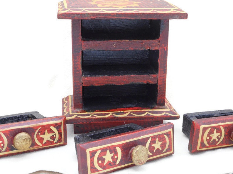 6 34 Inches by 4 12 Inches Cute Artsy Boho Memento Box Red Black and Gold Vintage Wood Jewelry Box Chest w Painted Sun Stars /& Moon