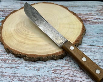 Vintage Carbon Steel Butcher Knife Rustic 3  Rivet Wooden Handle Utility Knife