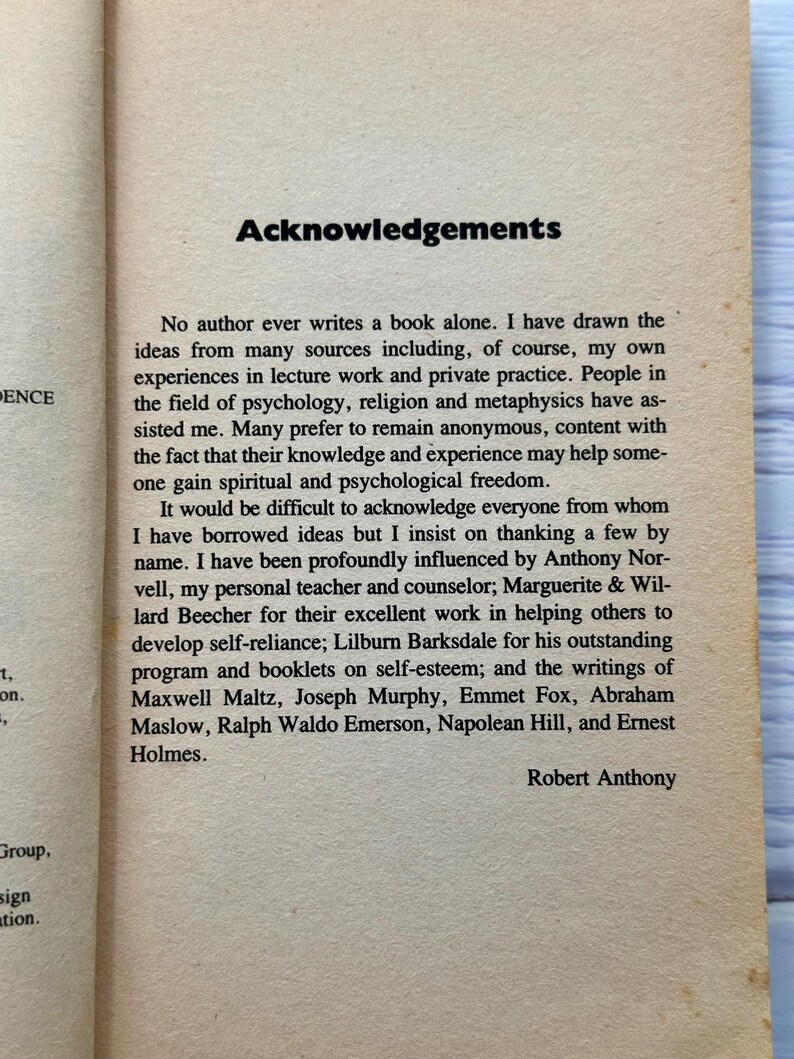 May include: A book page featuring the heading "Acknowledgements" in black. The text details the author's influences, mentioning figures like Anthony Norvell and Maxwell Maltz. The author, Robert Anthony, is credited at the bottom of the page.