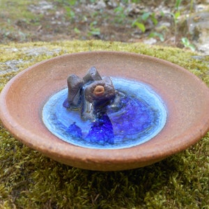 May include: A small ceramic dish with a blue glaze inside, featuring a brown ceramic frog figurine sitting in the water. The dish is sitting on a bed of green moss.