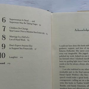 May include: Open book page with a table of contents and acknowledgments. The table of contents lists chapter titles such as "Superwoman Is Dead..." and "Marriage Is a Hell of a Lot of Hard Work."