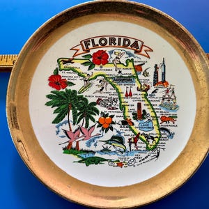 Pode incluir: Um prato decorativo com borda dourada e centro branco com um mapa colorido da Fl&oacute;rida. O mapa inclui ilustra&ccedil;&otilde;es de marcos, cidades e s&iacute;mbolos estaduais, como flores de hibisco e palmeiras.