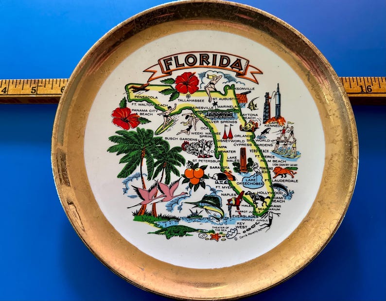 Pode incluir: Um prato decorativo com borda dourada e centro branco com um mapa colorido da Fl&oacute;rida. O mapa inclui ilustra&ccedil;&otilde;es de marcos, cidades e s&iacute;mbolos estaduais, como flores de hibisco e palmeiras.