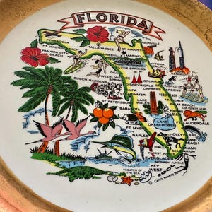 Pode incluir: Prato decorativo vintage com um mapa da Fl&oacute;rida com ilustra&ccedil;&otilde;es de marcos, flora e fauna. O prato tem um centro branco com uma borda dourada e o texto "Florida" no topo.