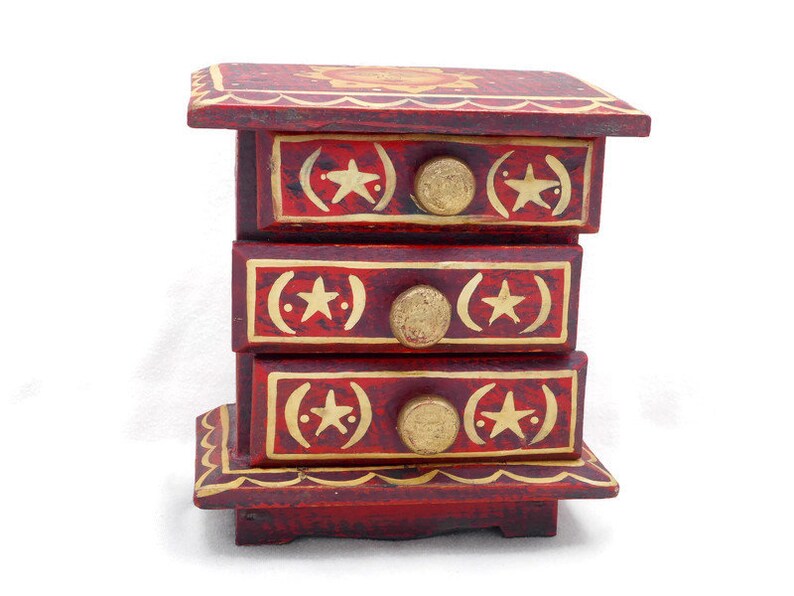 6 34 Inches by 4 12 Inches Cute Artsy Boho Memento Box Red Black and Gold Vintage Wood Jewelry Box Chest w Painted Sun Stars /& Moon