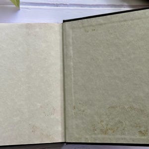 May include: Open book with black cover and aged, textured pages. The left page is a light cream color, while the right page is a muted green. The pages show signs of age with spots and discoloration.