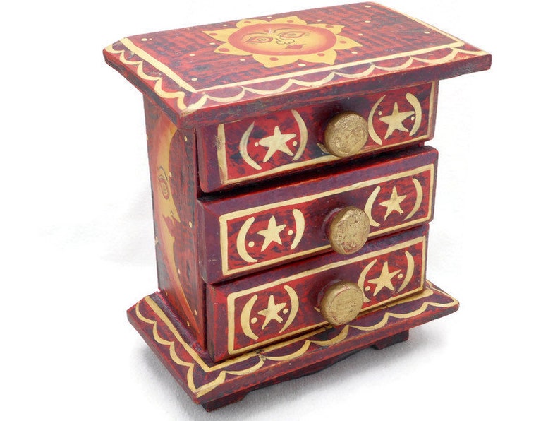 6 34 Inches by 4 12 Inches Cute Artsy Boho Memento Box Red Black and Gold Vintage Wood Jewelry Box Chest w Painted Sun Stars /& Moon